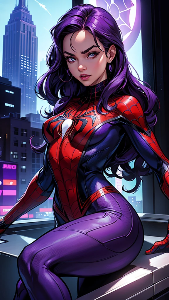 Create Spider-Woman in New York, She wears a purple uniform identical to Spider-Man&#39;s and has dark purple hair., her face covered with the purple spider man mask, look like young Sandra Bullock, slender, big breasts, athletics, wears armor on his feet, full body in the image, 8k.