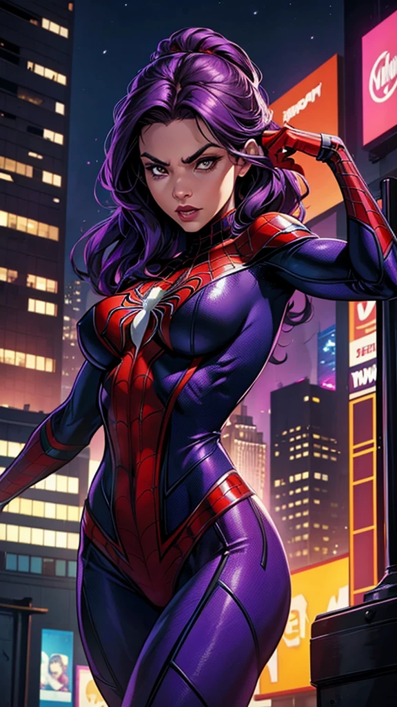 Create Spider-Woman in New York, She wears a purple uniform identical to Spider-Man&#39;s and has dark purple hair., her face covered with the purple spider man mask, look like young Sandra Bullock, slender, big breasts, athletics, wears armor on his feet, full body in the image, 8k.