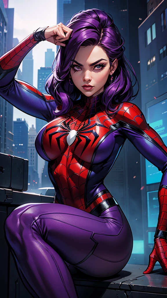 Create Spider-Woman in New York, She wears a purple uniform identical to Spider-Man&#39;s and has dark purple hair., her face covered with the purple spider man mask, look like young Sandra Bullock, slender, big breasts, athletics, wears armor on his feet, full body in the image, 8k.