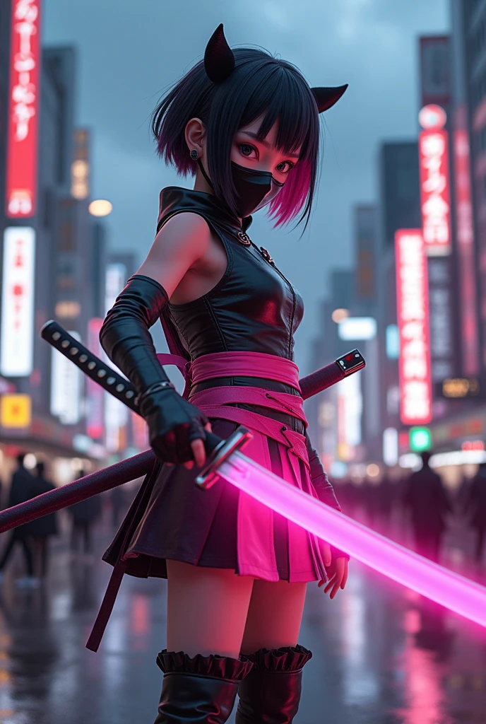 Best quality, masterpiece, ultra high res, (photorealistic:1.4), raw photo, Japanese girl, cinematic lightning, short black and pink hair, holding a katana with pink aura, ninja mask, elbow pads, black and pink leather shirt, sleeveless, black shorts underneath a short pink apron skirt, boots, tokyo downtown, shibuya crossing, dark clouds, body shot, samurai pose