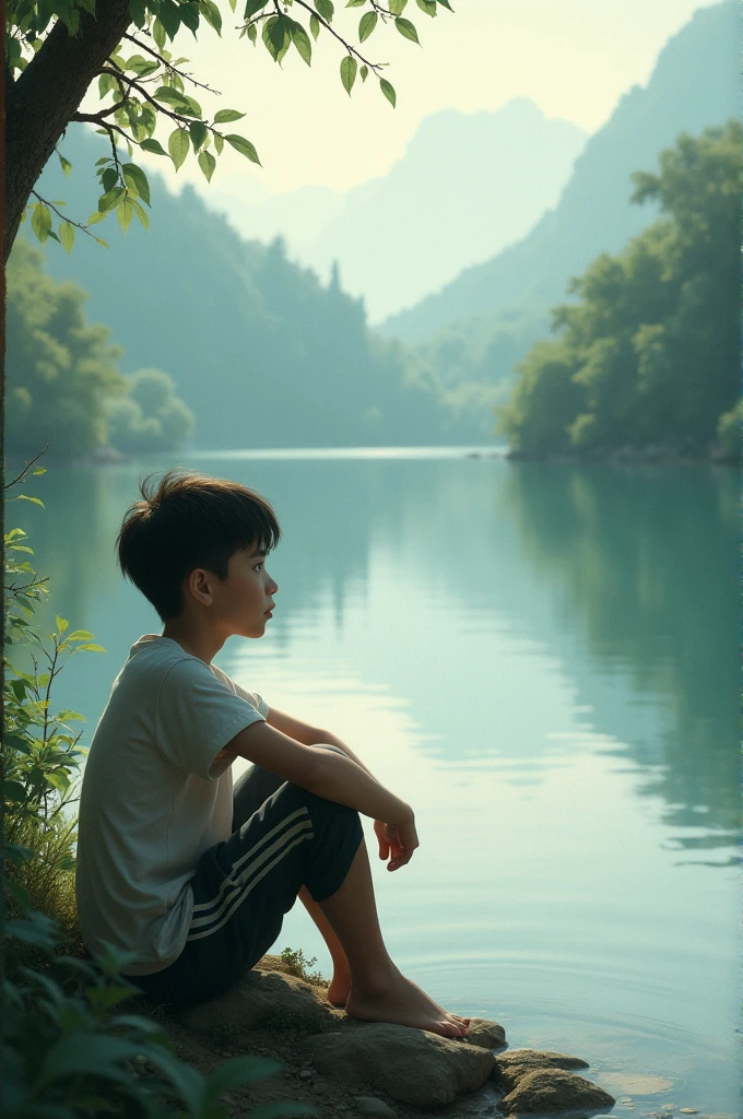 A boy sitting besides lake thinking about his future