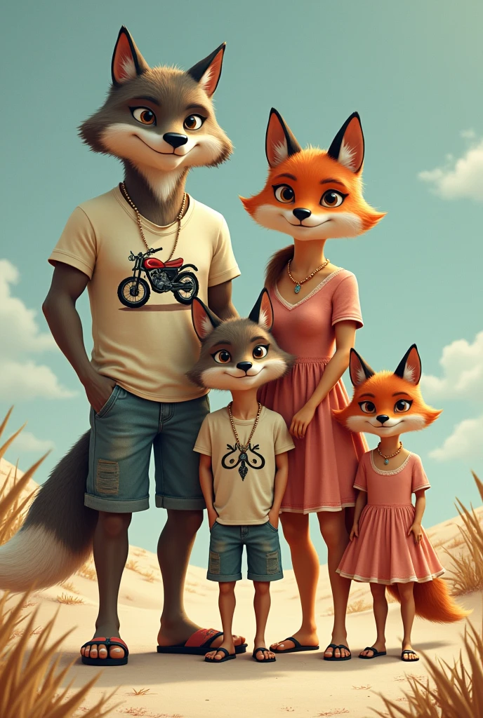 Draw a world where people are anthropomorphic animals, make a family where :

A wolf is the father, he&#39;s wearing a t-shirt com estampa de moto custom, in shorts and flip-flops Mom is a fox, she is wearing a dress and shoes femininos 

E dois filhos, a similar one with the same coat as the father, he&#39;s wearing a t-shirt, shorts and flip-flops and with the same fur as the mother, she is wearing a dress and shoes



