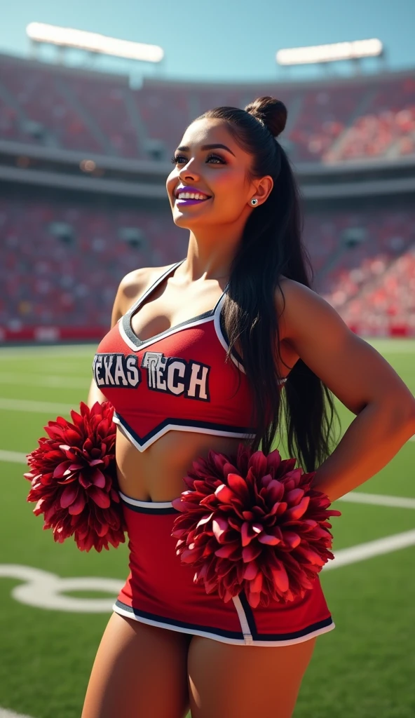 beautiful, plump, mexican woman, standing in a footbal stadium, purple, detailed eyes, beautiful detailed lips, extremely detailed eyes and face, longeyelashes, full body, 1woman, professional, neat long hair, tight ponytail, wearing purple cheerleader outfit with the words, texas tech, adventurous, cheering to a full packed football crowd, (best quality,4k,8k,highres,masterpiece:1.2),ultra-detailed,(realistic,photorealistic,photo-realistic:1.37),studio lighting,vivid colors,sharp focus,physically-based rendering,extreme detail description