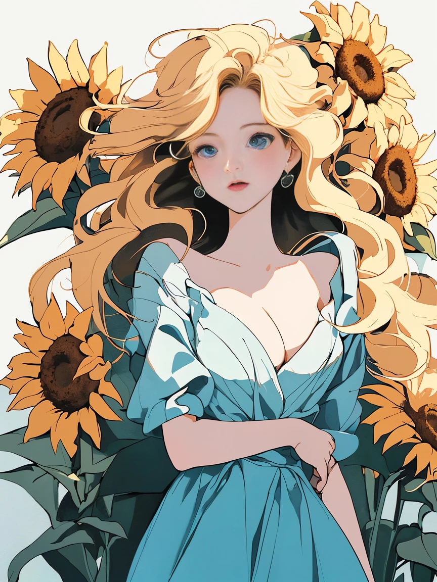 masterpiece， high quality， Movie Stills， A girl，blond hair，sunflower戴在头上， Floating in the air， cloud女孩， cloud， （Close-up cleavage： 1.1）， bright， hapiness， interesting， Soft Lighting， （Bauhaus， shape， Line works， Abstract： 1.1），sunflower，Flowing hair，bust，Flowing skirt，White background