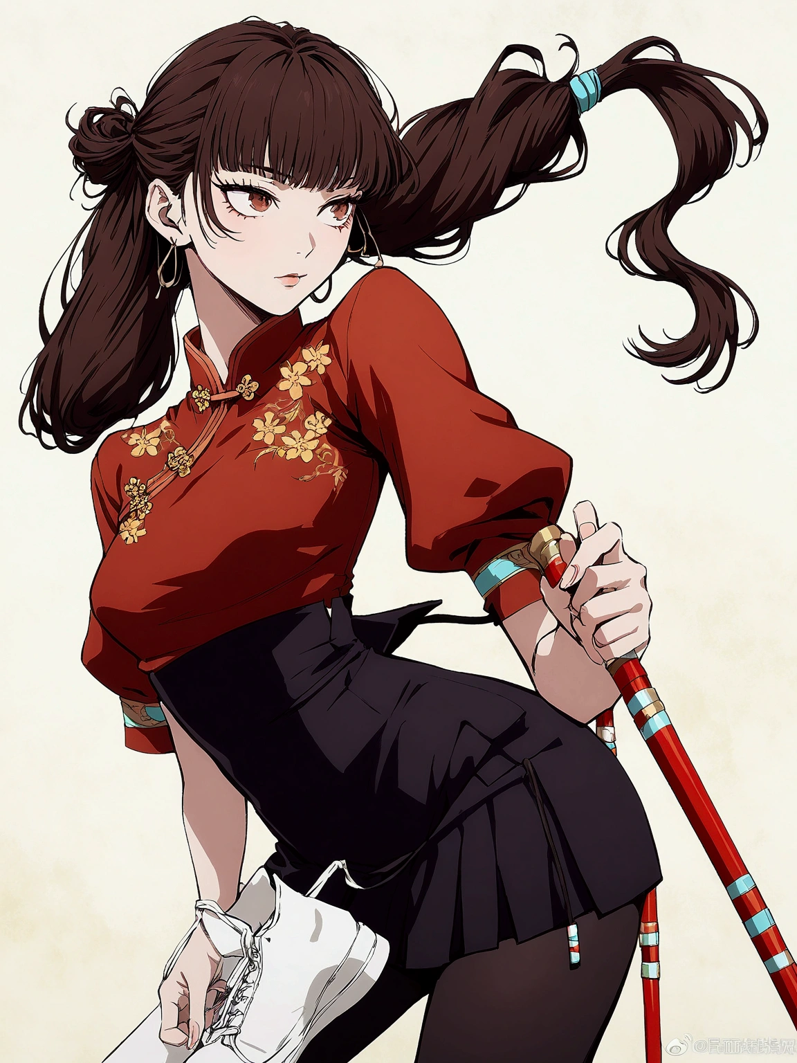 nime girl with dark brown long hair(((her hair is untied and flowing freely))). She wears a traditional Chinese red qipao top with golden floral patterns and black skirt. She holds two red staffs and is wearing black tights with white high-top sneakers.jujutsu kaisen art,jujutsu kaisen character,jujutsu kaisen anime art, 1 girl,solo,