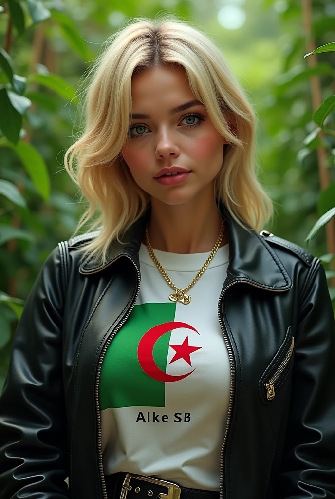 Close up, blonde, plump woman . Wearing a black leather coat, Nike SB. Inside Nike Skateboarding, Algerian flag detailed t-shirt in green and white, green nature background