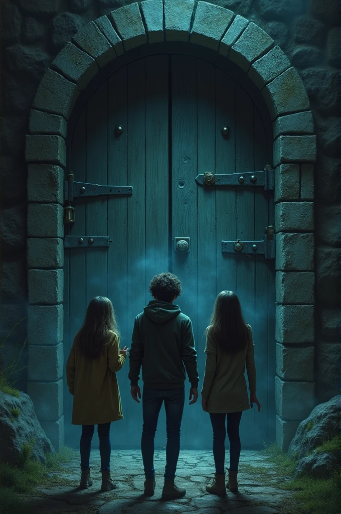 The three friends stand before the large, old door. They push it open with difficulty, and as it creaks, a scream echoes through the night. The door slams shut behind them as they step inside.