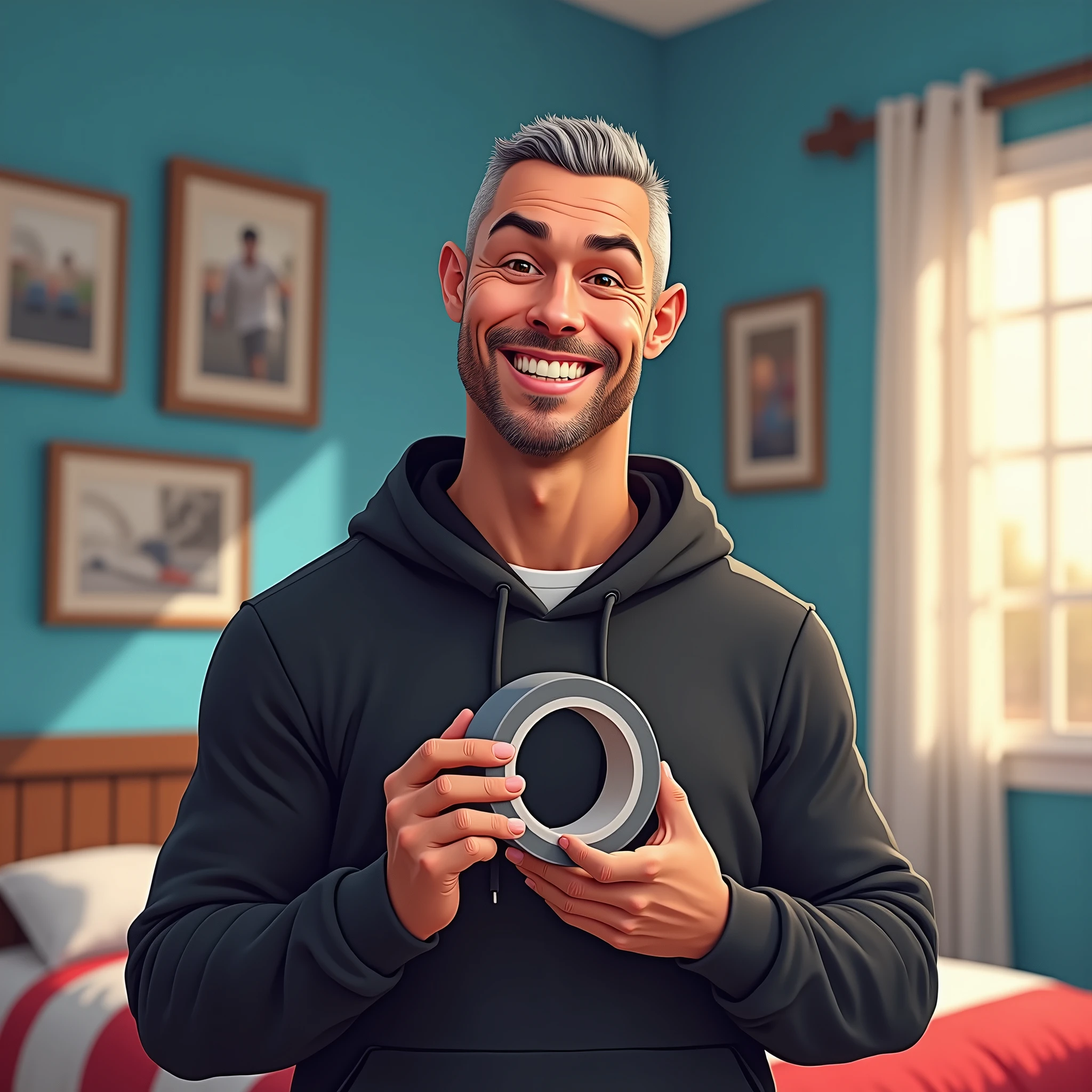 The image is a digital illustration of Cristiano Ronaldo with a big smile on his face. He is wearing a black hoodie and is holding a roll of gray tape in his hands. The man appears to be in his late 40s or early 50s and has a bald head and a goatee. The background of the image shows a bedroom with blue walls and a bed with a red and white striped comforter. There are several framed pictures hanging on the wall and a window with curtains. The overall mood of the illustration is cheerful and playful.