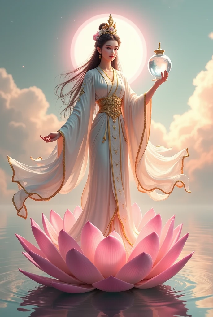 The exquisite Goddess Kwan-im, the embodiment of compassion and mercy, standing elegantly atop a fully bloomed lotus flower. Her ethereal beauty is accentuated by her flowing garments, which are adorned with intricate gold and jade patterns that shimmer in the soft, heavenly light that surrounds her. The lotus, a symbol of purity and enlightenment, emerges from a serene pond, its leaves unfurling in perfect symmetry to create a majestic throne. Her skin is the luminous hue of moonlight, and her long, dark hair is gracefully tied back, revealing a delicate, serene face with a gentle smile that radiates warmth and empathy. In her left hand, she holds a crystal vase filled with the purest water, which represents her boundless compassion, while her right hand is open in a gesture of giving, symbolizing her readiness to aid all beings. A halo of soft pink light emanates from her head, enveloping the scene in a tranquil aura. The background is a canvas of pastel skies, with swirling clouds that seem to form a heavenly realm, hinting at her divine nature. The tranquil waters of the pond reflect the image of the lotus and the goddess, creating a harmonious and balanced composition that exudes peace and spirituality. Every element in the picture, from the fluttering silk ribbons attached to her crown to the ripples on the pond's surface, is imbued with a sense of dynamic stillness that captures the essence of Zen. This tranquil tableau invites the viewer to find solace and inner peace within the embrace of Kwan-im's compassionate gaze.