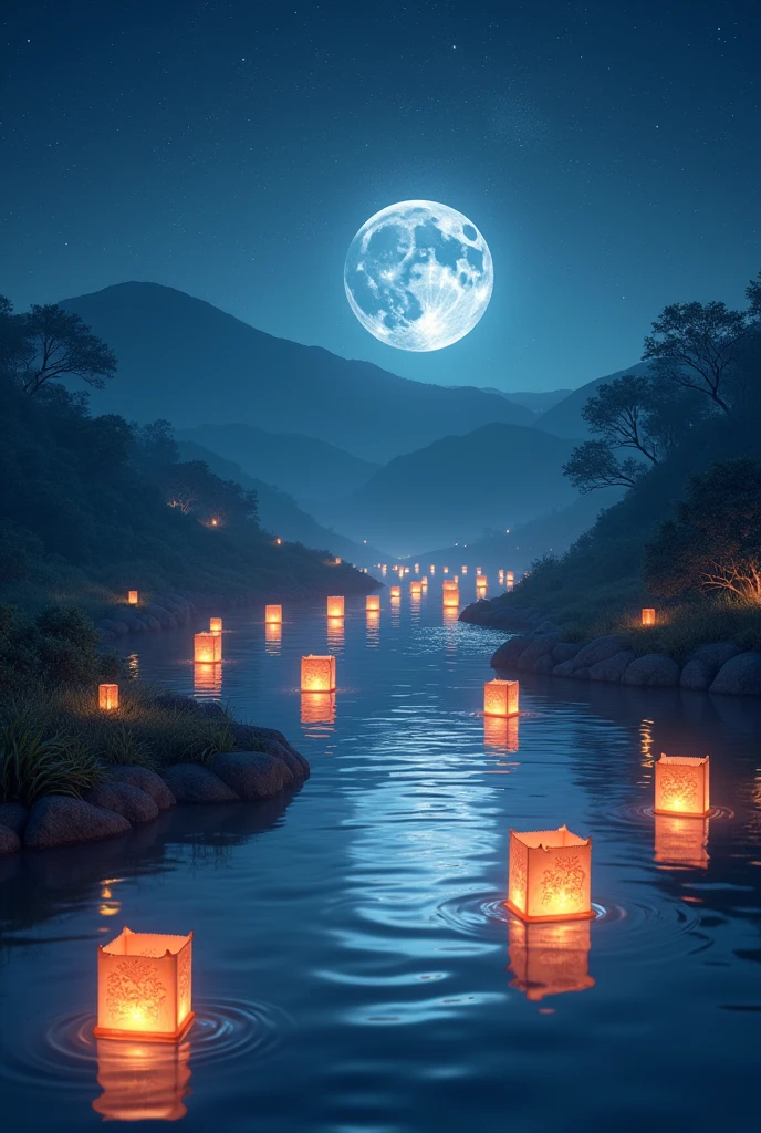 Floating lanterns on the river reflecting the moon and stars. Add magic curves for a magical feel and warm color tones
