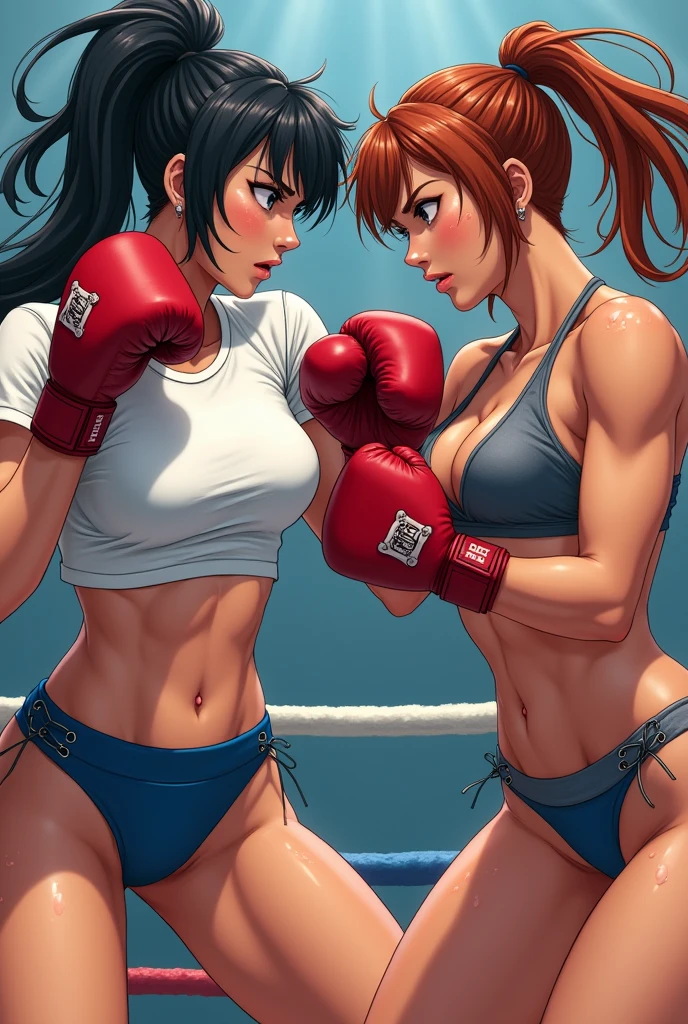 (best quality), (masterpiece), Japanese animation style, 2 women, female boxer, muscular, 두 female boxer가 링에서 경기를 하고있다. White T-shirt that clings to the body, Gray body-hugging t-shirt, Blue bikini bottoms, Red Stone Plate Pants, fight, dynamic,female boxer가 다른 female boxer에게 발차기를 하고 있다.,두 female boxer는 땀을 흘리고 있다.