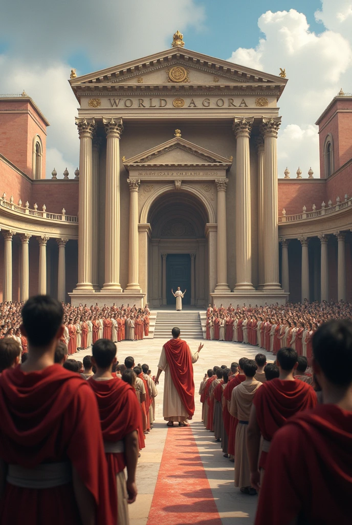 It realistically depicts the wide and magnificent Roman Agora square, with the words “World Agora” engraved in large letters on the building and a scene of a citizen giving a speech.
