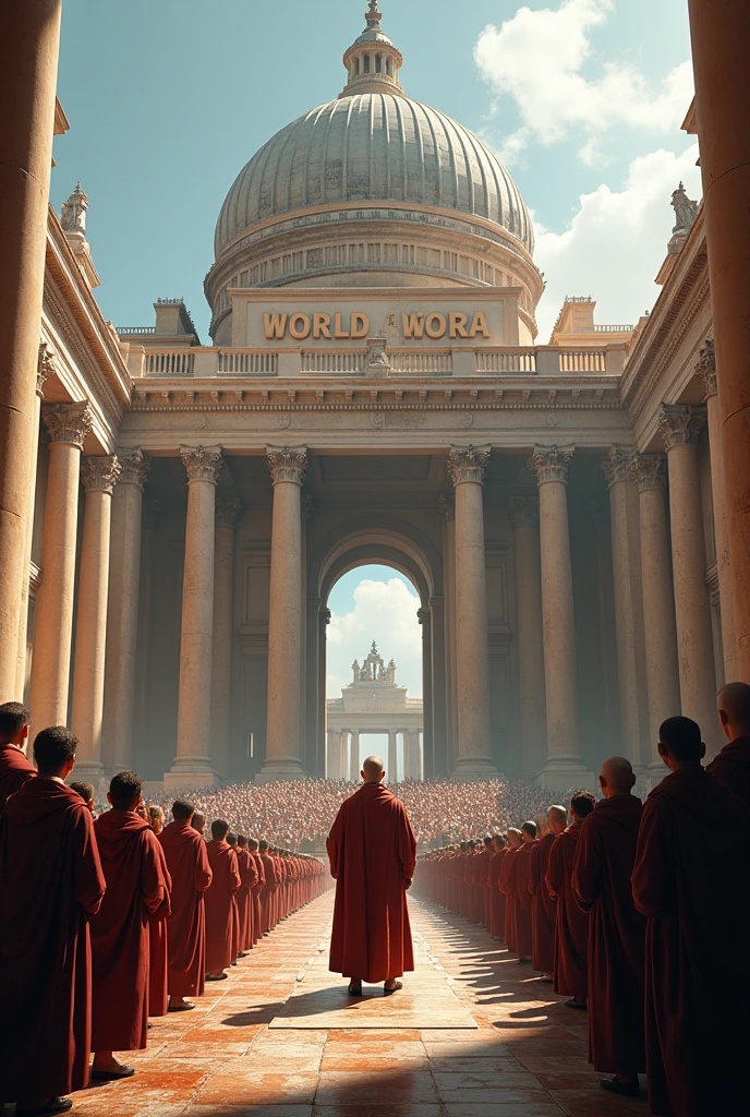 It realistically depicts the wide and magnificent Roman Agora square, with the words “World Agora” engraved in large letters on the building and a scene of a citizen giving a speech.