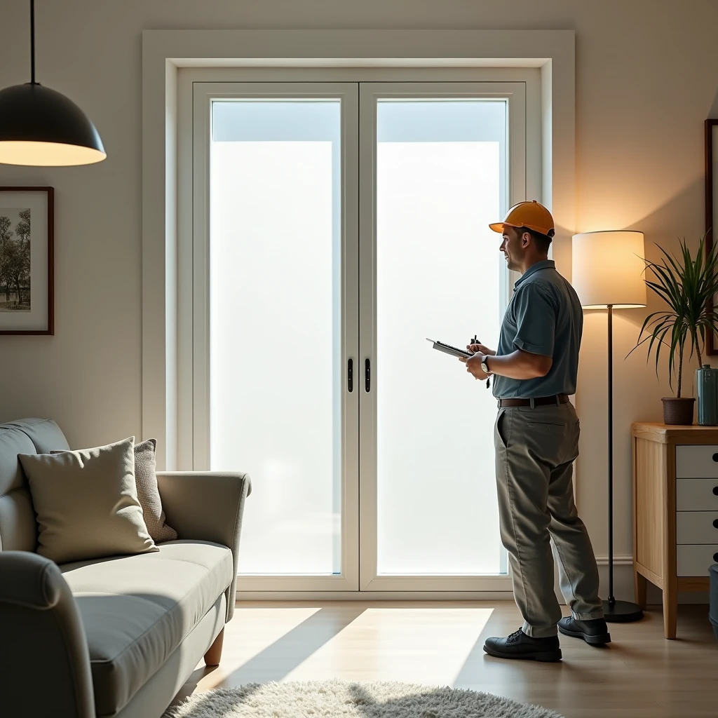 A realistic and professional scene featuring a PVC window with a frosted matte white tint in a well-lit, elegant home interior. The window has a sleek and modern appearance, with the frosted film providing privacy while allowing soft light to enter the room. Next to the window stands a skilled worker in clean, professional work attire, holding tools such as a squeegee or utility knife, used to apply the window tint. The worker is positioned confidently, showcasing the expertise and precision involved in applying the frosted film. The setting is a beautifully decorated room, with natural light enhancing the matte finish of the window. The overall atmosphere is one of professionalism and high-quality craftsmanship, highlighting both the aesthetic appeal of the tinted window and the skill of the installer.