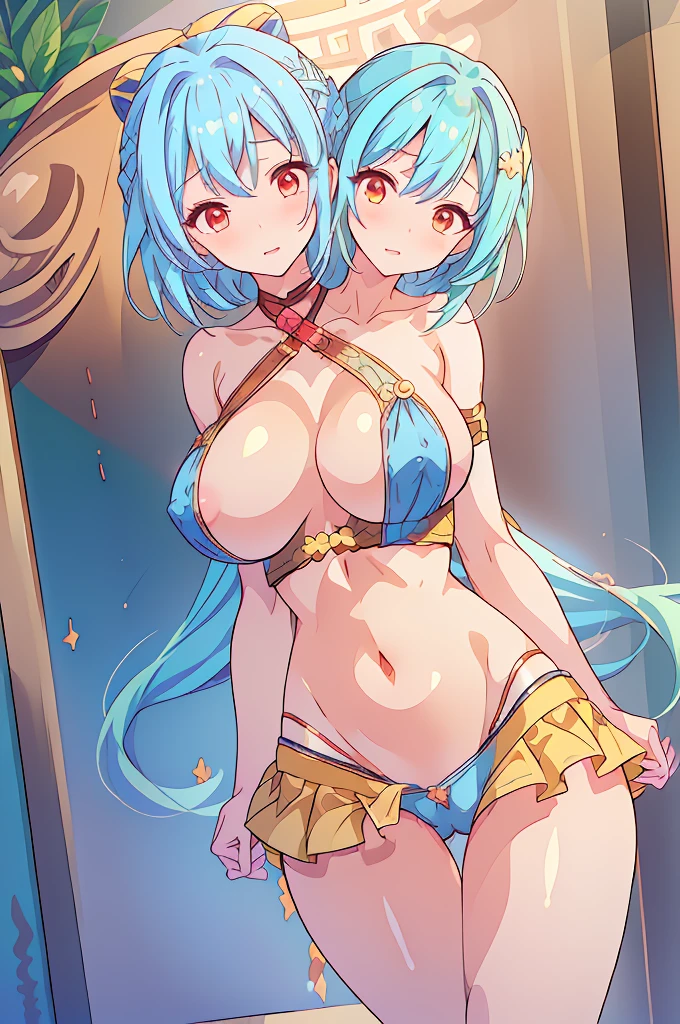 (masterpiece, best quality),best quality, best resolution, (ultra-detailed), ((3heads:1.5)), 1girl, three heads, (keiki haniyasushin:1.3), masterpiece, best quality, ultra quality, ultra resolution, yellow top, crop top, ((stomach)), midriff, ((groin)), yellow skirt, miniskirt, normal ears, shackles, sky (light blue hair:1.5), (same hair color), (blunette:1.5), very long hair, wavy hair, beautiful eyes, red eyes, parted lips, smiling, soft smile, cute smile, cute, toned belly, hand on own chest, eyelashes, (2 woman:1.3), (masterpiece:1.5), (best quality:1.5), (beautiful detailed), extremely detailed CG, extremely delicate and beautiful, depth of field, (finely detailed face), (perfect details:1.2), (mature female:1.3), wide pelvis, slender, large veiny breast, 16k resolution, highres, high quality, high definition, extremely detailed, masterpiece, sky blue hair, long hair, alluring presence, twin braid, short skirt, close up, very big breasts, huge breasts, young, green handkerchief, (wearing a haniwa:1.4), kofun period clothing, three headed girl, 3heads,

