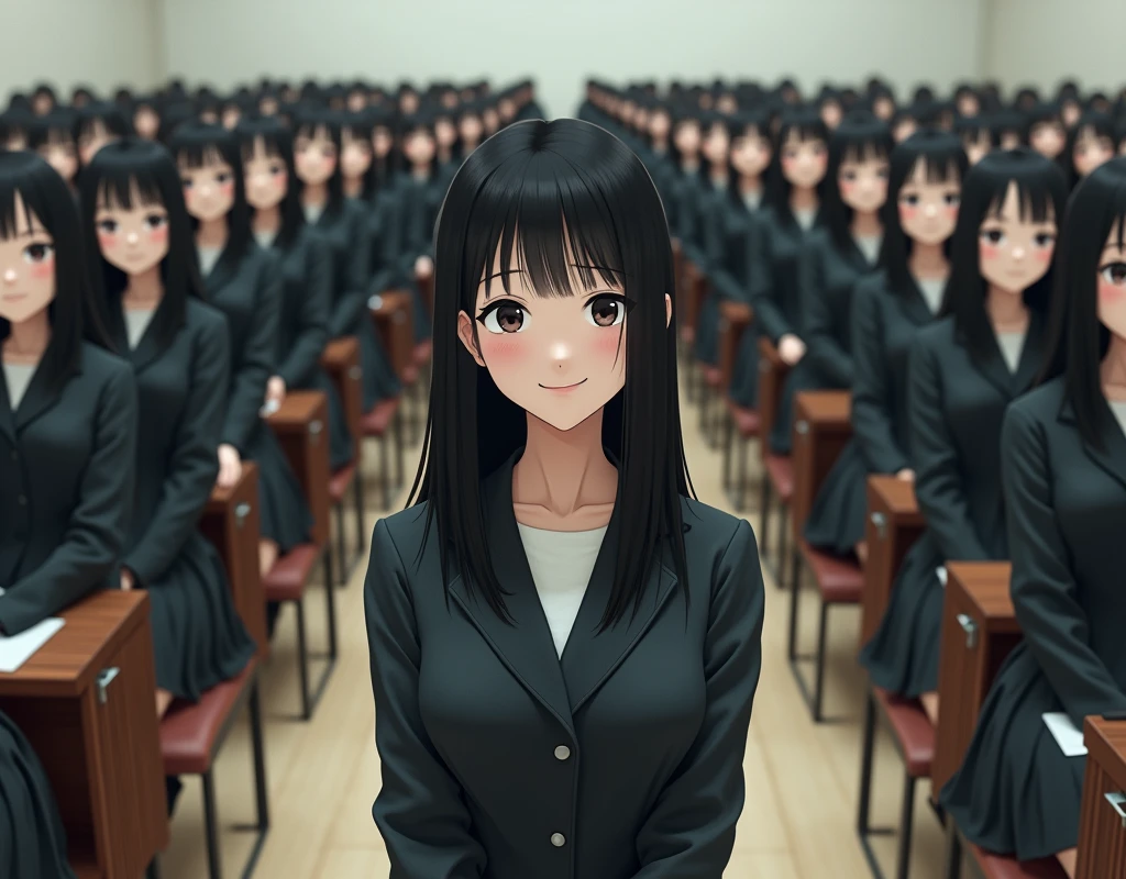 (Japanese Clone-girls=Myself), (Super Best masterpiece Clone-girls Raw Photography Art), (16K, Highest quality, Ultra-high resolution, RAW Photos), (It's so unrealistic., With unparalleled depiction, With an unfathomable sight, An unprecedented and shocking worldview, Clone-girls: In a world of mass reproduction, Ultra-realistic depiction), (Japanese girls, shinozaki-ai, 16yo), (Small face, Black Hair, Medium Hair, Dark Eyes, Mature face, Cute Smile), (Laughing expression), (Very beautiful and detailed girl, Accurate body structure, Accurate body movements, Very detailed body), (Super big breasts, Large bulge of ample breasts), (High School Girl School Uniform, Emphasise the fullness of your breasts), (Very detailed, Myself cloning, Depiction of splitting oneself, 1Myself girl→1,000,000,000,000,000,000,000,000,000,000Myself cloning girls), (Myself clone girlsは, With the same perfect appearance, to multiply in large numbers), (Very detailed depiction, Myself's multiplying female body, In the same female body,With the same face, With the same hairstyle, In the same clothes, At the same height, 同じSuper big breastsで, A completely indistinguishable female body, 1,000,000,000,000,000,000,000,000,000,000 people), (Myself girls only), (1,000,000,000,000,000,000,000,000,000,000Myself girls), lecture hall, Lecture, Chat with Myself, Enjoyable lessons, sit, Ultra-wide field of view, Focus on the average value of the image, Bright and easy on the eyes lighting.