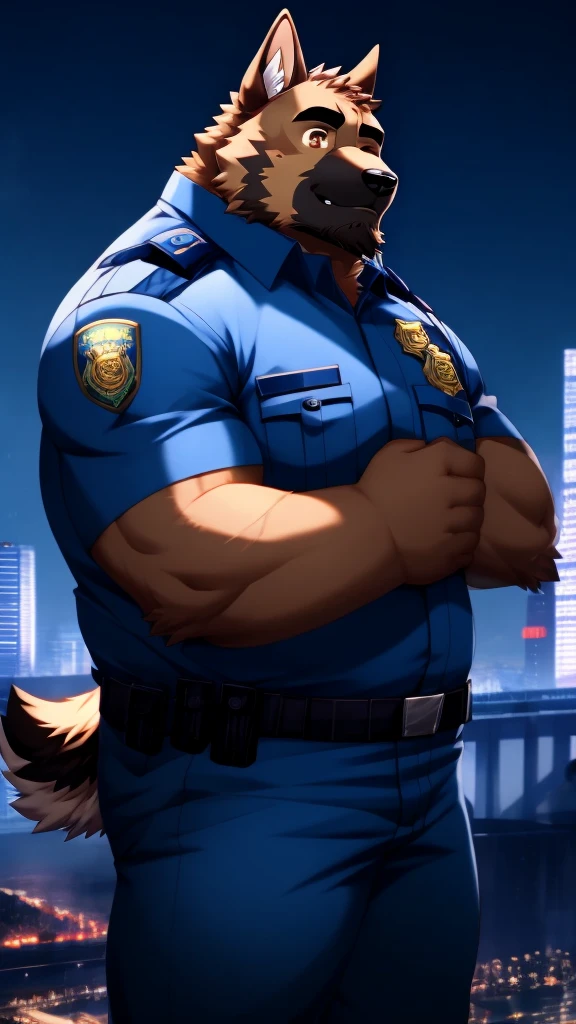 anime style, aid210, nj5furry, ((whole body)), ((police uniform)), standing, ((plump middle-aged german shepherd man)), BREAK ((brown eyes)), one eye closed, beautiful beard, beautiful ears, (male face:1.3), (big face:0.5), square jawline, (Male Eyes:1.2), (sharp eyes:0.8), (big eyes:0.5), male eyebrows, (innocent look:0.5), (beautiful black nails down to the last detail:1.2), BREAK (complete Anatomy), (detailed face:1.3), beautiful face, (detailed body), (beautiful hands:1.2), (detailed fingers:1.2), (detailed eyes:1.1), (beautiful Eyes:1.1), arm details, Leg Details, beautiful feet, BREAK Muscular anthlo, body hair, ((hairy skin)), fluffy, (blood vessel:-0.8), (glowing Skin:-0.7), (chest hair:0.5), (1 tail), (a beautiful and detailed small tail), BREAK night sky, city, outdoor, ultra detailed, highest quality, ultra-high resolution, realistic, 16K, masterpiece, beautiful detailed, perfect solution, absurdists, (faint light),