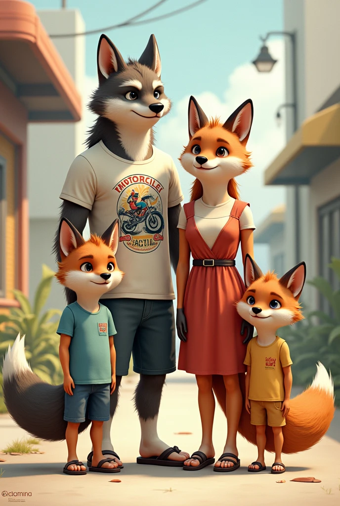 Draw a world where people are anthropomorphic animals, make a family where :

A wolf is the father, he&#39;s wearing a t-shirt com estampa de moto custom, in shorts and flip-flops Mom is a fox, she is wearing a dress and shoes femininos 

E dois filhos, a similar one with the same coat as the father, he&#39;s wearing a t-shirt, shorts and flip-flops and with the same fur as the mother, she is wearing a dress and shoes



