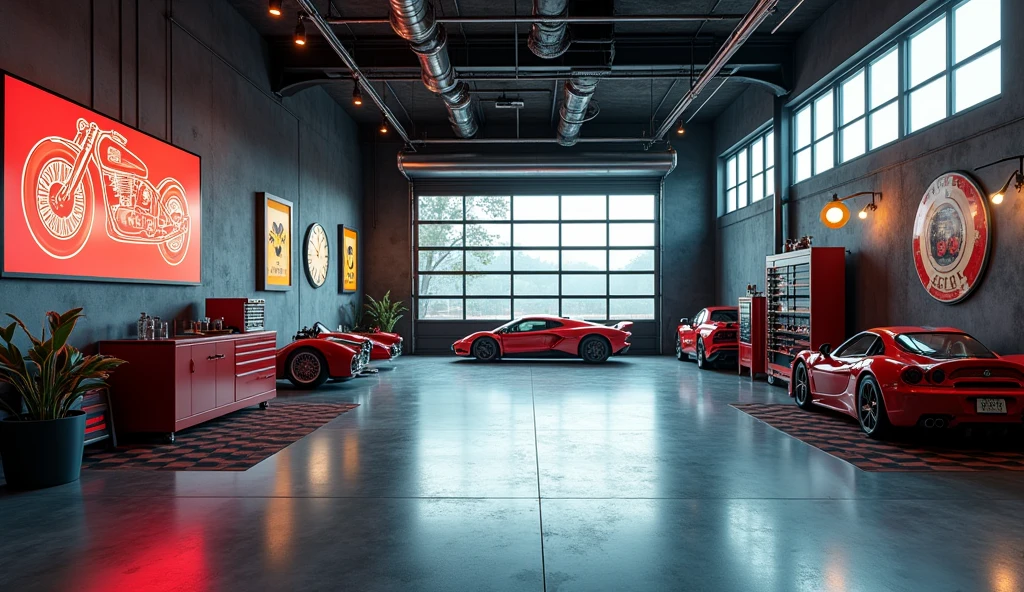 state-of-the-art decoration, large environment, panoramic view of closed environment, 360°, garage with stylish decor and modern color palette, with psychological effect of efficiency and stimulation, comfortable lights and modern furniture, vintage retro sexy motorsport wall decor, masculine environment with harmonious natural and artificial lighting, ultradetailed, High definition