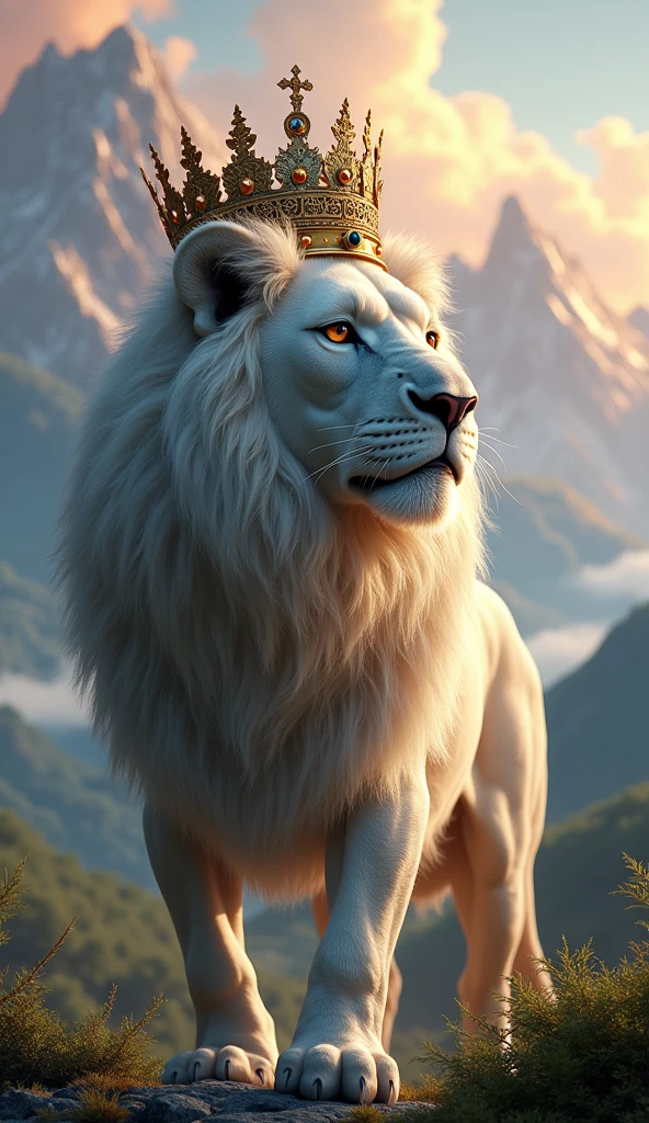 Generate a beautiful landscape with a lion with light fur and a crown