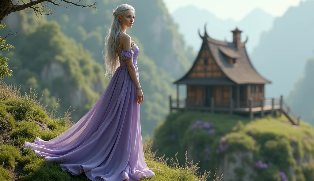Full-body portrait. A beautiful silver-haired elven woman, wearing purple and white clothes, is looking at the scenery on the edge of a beautiful hill. The background is a simple house made full of shiny brown wood in an elven village. The background of the house is a beautiful elven village. This scene is a very detailed and professional 3D digital art. A masterpiece.