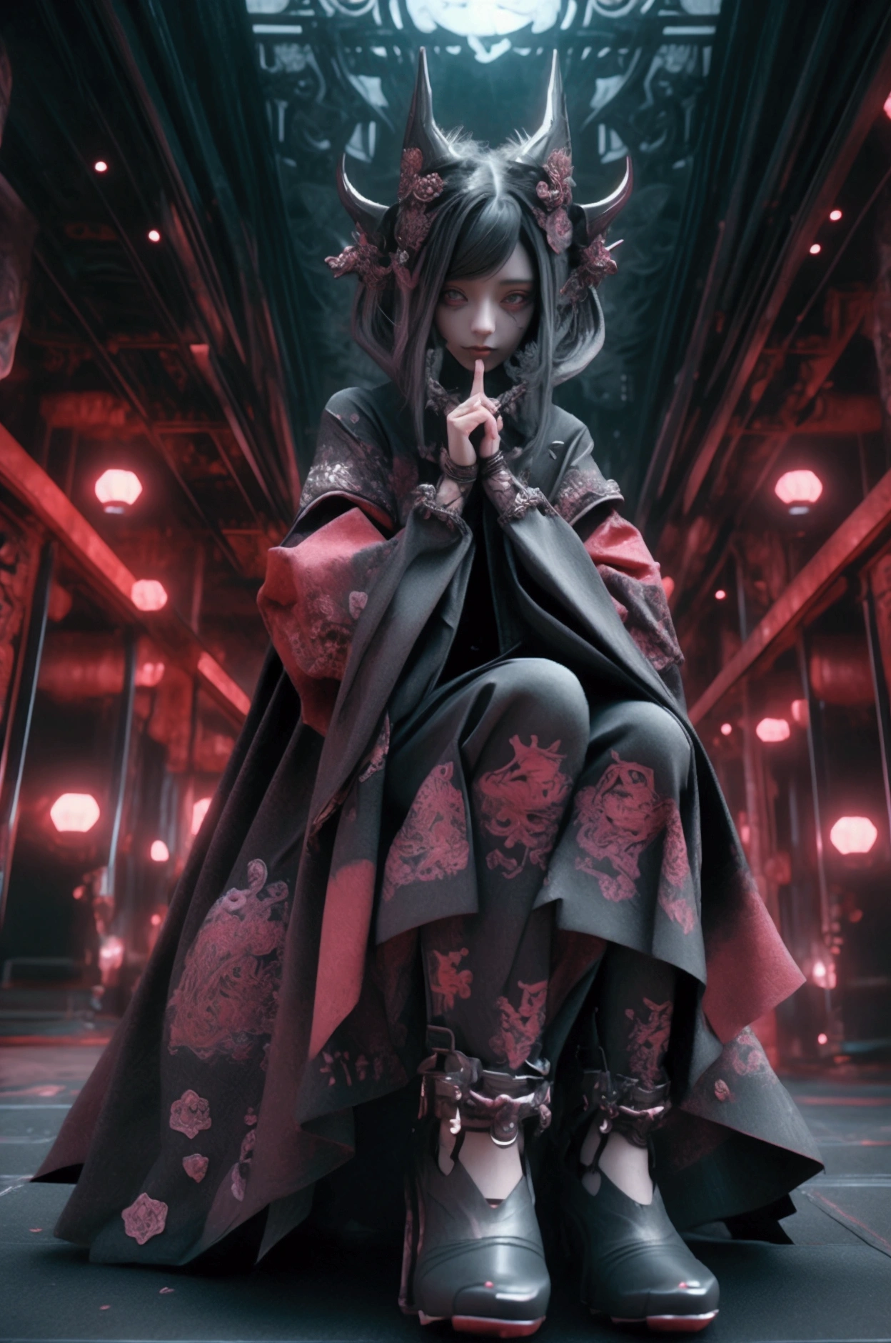 dauntindaun female、From below,front,Full Shot,Grindaunting pose，look up，eye shadow，,boots，Game character costumes,novel,Gothicta,dress,boots，image color: Black and Red、lanthanum, cherry blossoms, petals in the wind, Calm, mysterious, high quality, Dark look,Detailed eye design,3D Rendering,
ting intervention pause