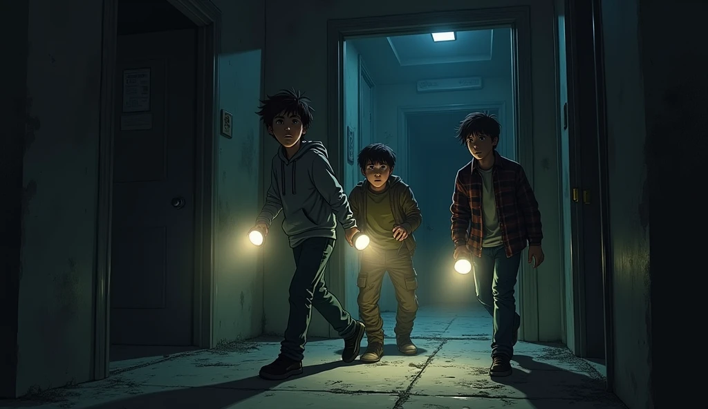 "A heavy, old door in a dimly lit corridor, slightly ajar, leading into a dark, musty
room. The room beyond is filled with dust and cobwebs, and the air looks thick and
oppressive." "one student is teenager with short, tousled hair, wearing a hoodie and jeans. Holds a flashlight, showing a tense, anxious expression", "second student is teenager with medium-length hair, dressed in cargo pants and a t-shirt. Carries a flashlight, displaying a brave yet nervous demeanor.", "third student is teenager with slightly longer hair, in jeans and a flannel shirt. Holds a flashlight with a skeptical and cautious look."