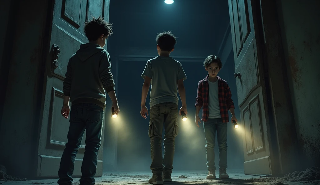 "A heavy, old door in a dimly lit corridor, slightly ajar, leading into a dark, musty
room. The room beyond is filled with dust and cobwebs, and the air looks thick and
oppressive." "one student is ager with short, tousled hair, wearing a hoodie and jeans. Holds a flashlight, showing a tense, anxious expression", "second student is teen with medium-length hair, dressed in cargo pants and a t-shirt. Carries a flashlight, displaying a brave yet nervous demeanor.", "third student is teenagerh slightly longer hair, in jeans and a flannel shirt. Holds a flashlight with a skeptical and cautious look."