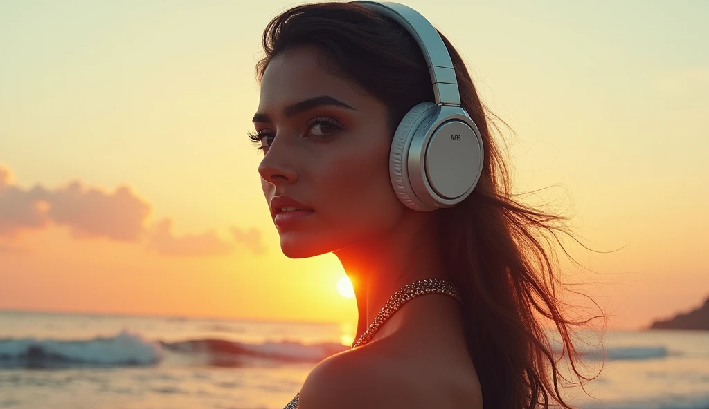 high quality, 8K Ultra HD, A beautiful double exposure that combines an goddess silhouette ,Sonam Kapoor look a like, she has huge breasts and wears a headphone.  Soonam Kapoor is slightly looking at the camera .with sunset coast, sunset coast should serve as the underlying backdrop, with its details incorporated into the goddess , crisp lines, The background is monochrome, sharp focus, double exposure, by yukisakura, awesome full color,