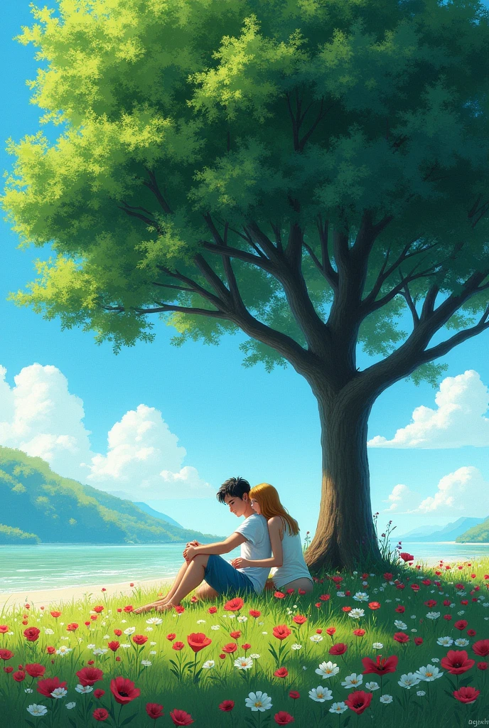 A couple sitting below A beautiful tree stands on red and white flowers grassland under bright sky