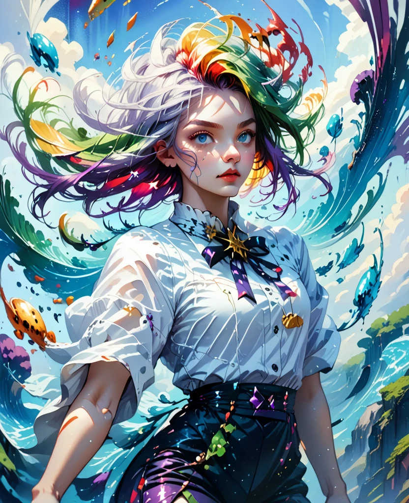 1.5),(1 girl),(dynamic pose),(multicolored hair+silver hair:1.3+red hair:1.2+purple hair+yellow hair:1.3+green hair:1.3),(blue eyes),(neck ribbon),(floating),(cloud),(too many drops of water),(twilight),(watercolor),(wide shot)