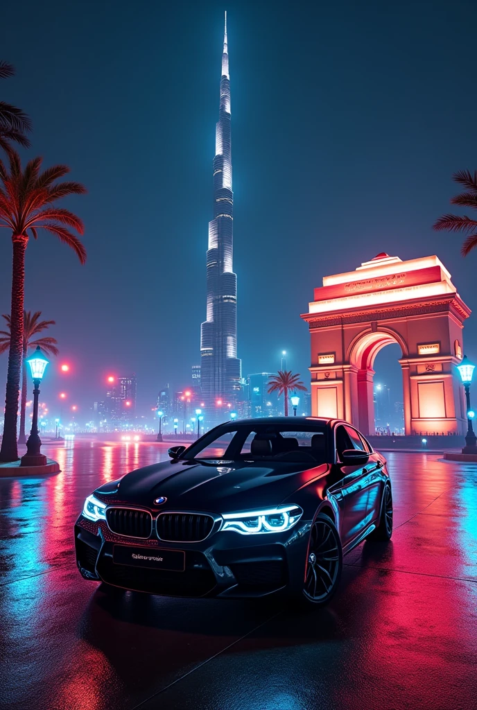 Burj Khalifa behind the India gate with bmw m5 at night  with neon light with Atlantic City 