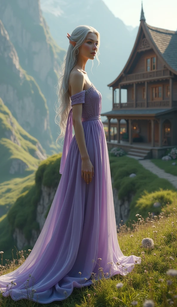 Full-body portrait. A beautiful silver-haired elven woman, wearing purple and white clothes, is looking at the scenery on the edge of a beautiful hill. The background is a simple house made full of shiny brown wood in an elven village. The background of the house is a beautiful elven village. This scene is a very detailed and professional 3D digital art. A masterpiece.