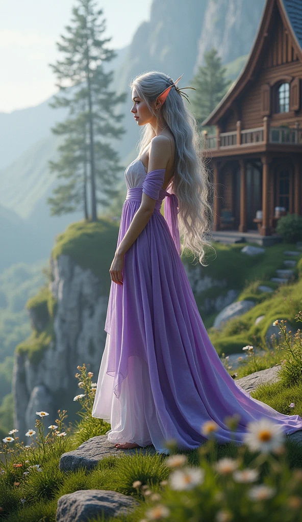 Full-body portrait. A beautiful silver-haired elven woman, wearing purple and white clothes, is looking at the scenery on the edge of a beautiful hill. The background is a simple house made full of shiny brown wood in an elven village. The background of the house is a beautiful elven village. This scene is a very detailed and professional 3D digital art. A masterpiece.
