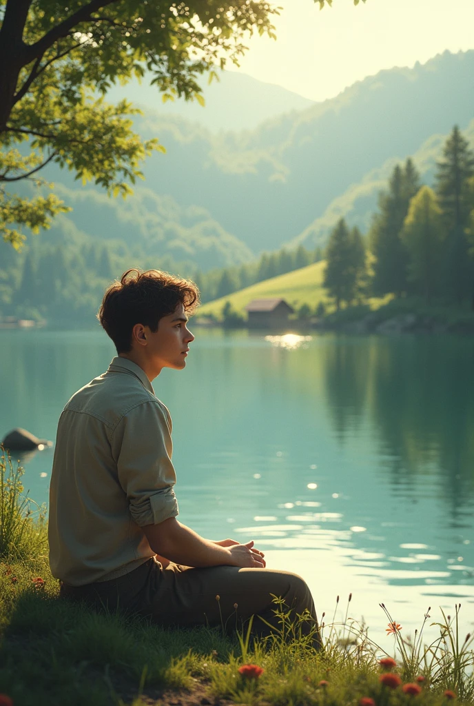 A boy sitting besides lake thinking about his future also thinking about his wife