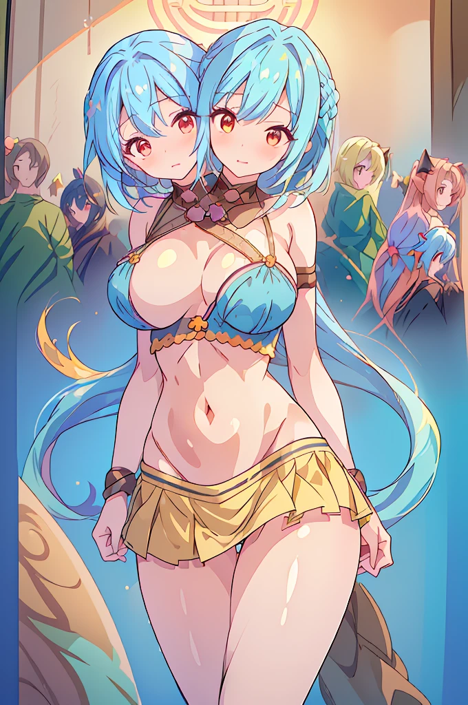 (masterpiece, best quality),best quality, best resolution, (ultra-detailed), ((3heads:1.5)), 1girl, three heads, (keiki haniyasushin:1.3), masterpiece, best quality, ultra quality, ultra resolution, yellow top, crop top, ((stomach)), midriff, ((groin)), yellow skirt, miniskirt, normal ears, shackles, sky (light blue hair:1.5), (same hair color), (blunette:1.5), very long hair, wavy hair, beautiful eyes, red eyes, parted lips, smiling, soft smile, cute smile, cute, toned belly, hand on own chest, eyelashes, (2 woman:1.3), (masterpiece:1.5), (best quality:1.5), (beautiful detailed), extremely detailed CG, extremely delicate and beautiful, depth of field, (finely detailed face), (perfect details:1.2), (mature female:1.3), wide pelvis, slender, large veiny breast, 16k resolution, highres, high quality, high definition, extremely detailed, masterpiece, sky blue hair, long hair, alluring presence, twin braid, short skirt, close up, very big breasts, huge breasts, young, green handkerchief, (wearing a haniwa:1.4), kofun period clothing, three headed girl, 3heads,