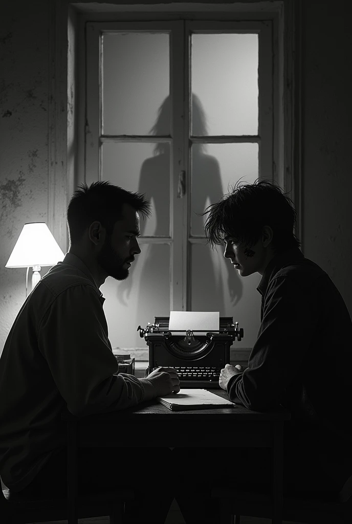 A b&w image of two men, sitting facing each other in a dimly lit dilapidated writing room. The one answering the questions in 2, with messy long hair that almost covers his face and dark eyes and looks horrified of something. He has cuts on his face. The one asking him is 1 with short hair. There is no light in the room except a small lamp and a ghostly young woman is behind the scared man listening and looking worried but still blurry. There is a typewriter behind them and they are sitting on couches with a window behind the scared man.