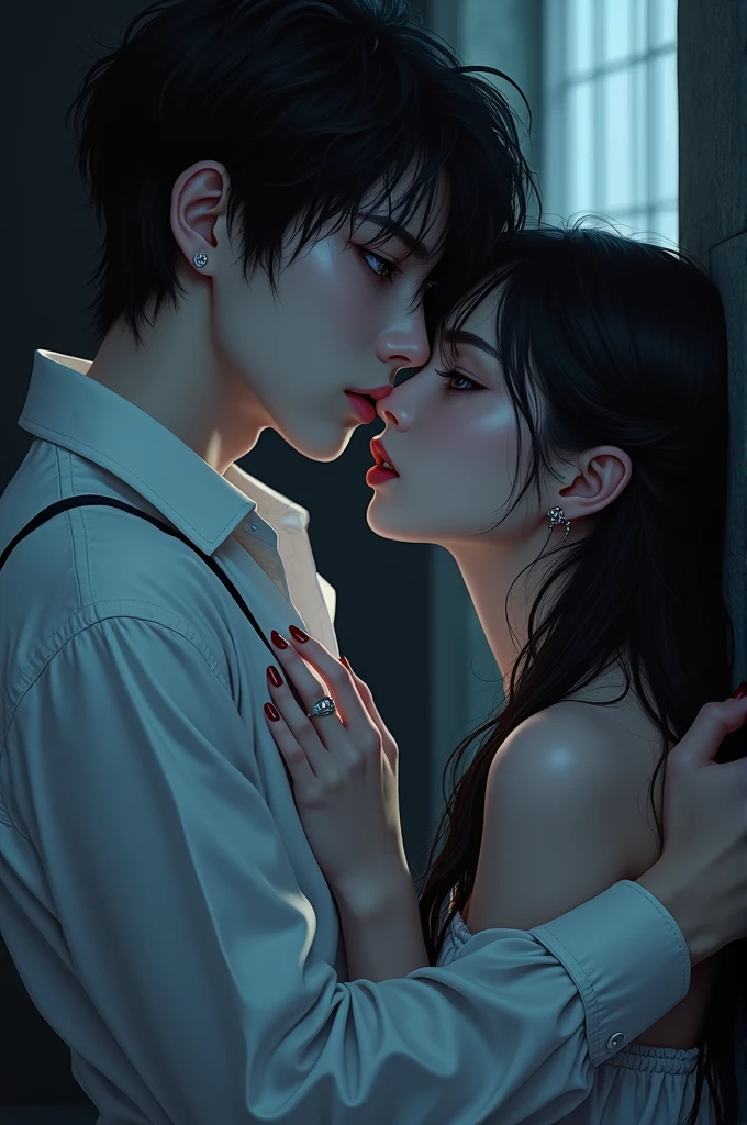 BTS Jeon jungkook as vampire dark aesthetic with piercings on his ear lips wearing white loose shirt in anime version  and sexyness closeup shot with her girlfriend she is pinning her towards the wall

