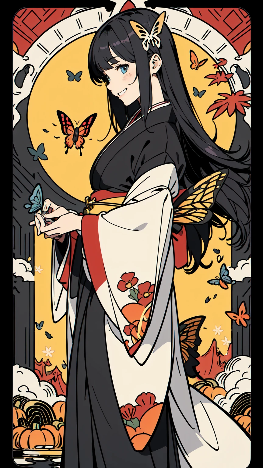 Tarot Cards、Masterpiece、Highest quality、Highest quality、Amazing details、Detailed Background、Hanafuda background、Line art、Written boundary depth、Flat Shading、Mucha style、Art Nouveau、(Image of autumn in Japan:1.3)、(Surrounded by butterflies, deer and boars:1.2)、A side view of a person in a kimono holding out their hand、Vintage Color、colorful、Anatomically correct、Slim figure、Thick thighs、Hollow Eyes、Grin、Perfect Face、Black Hair、long hair