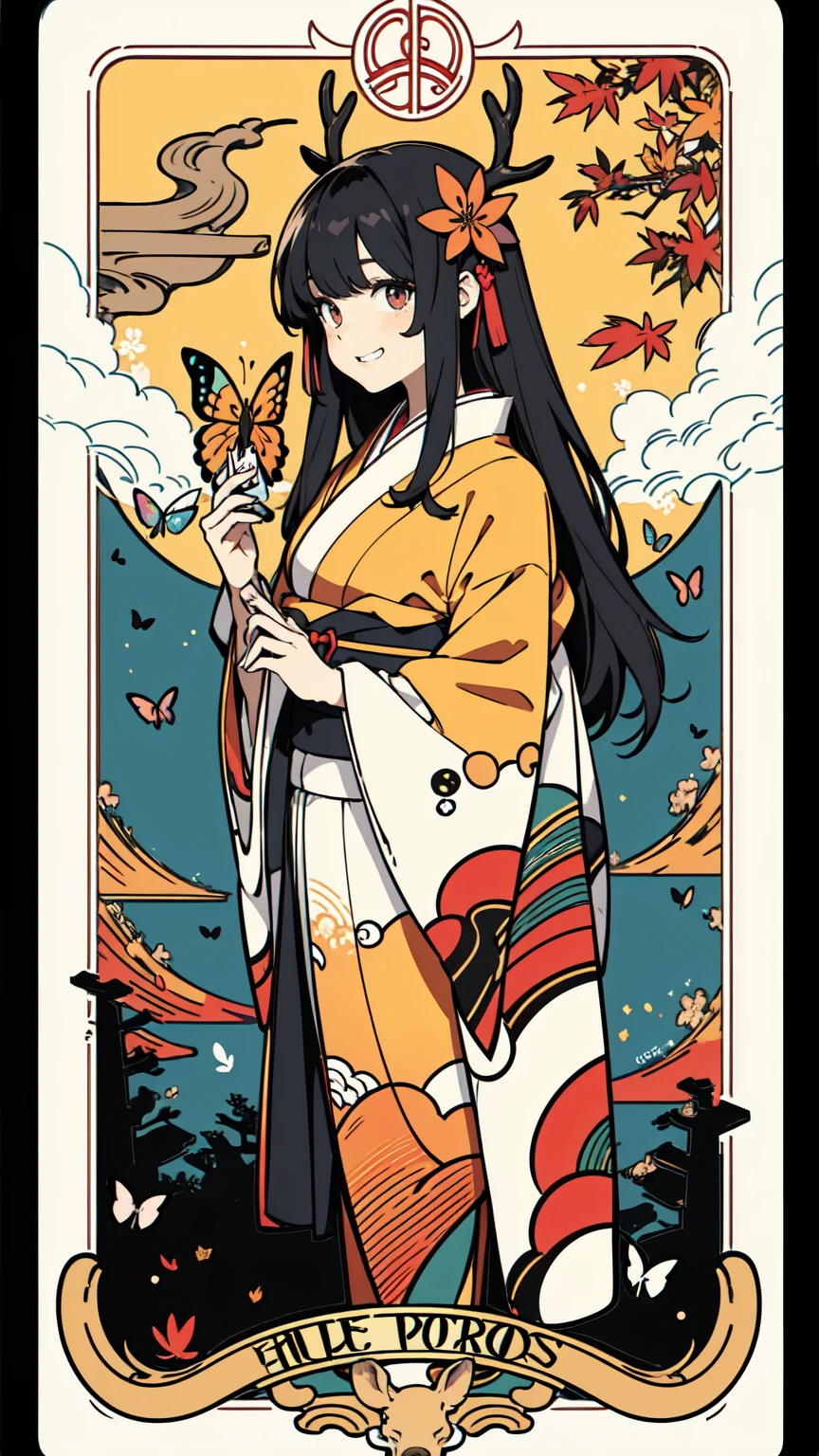 Tarot Cards、Masterpiece、Highest quality、Highest quality、Amazing details、Detailed Background、Hanafuda background、Line art、Written boundary depth、Flat Shading、Mucha style、Art Nouveau、(Image of autumn in Japan:1.3)、(Surrounded by butterflies, deer and boars:1.2)、A side view of a person in a kimono holding out their hand、Vintage Color、colorful、Anatomically correct、Slim figure、Thick thighs、Hollow Eyes、Grin、Perfect Face、Black Hair、long hair