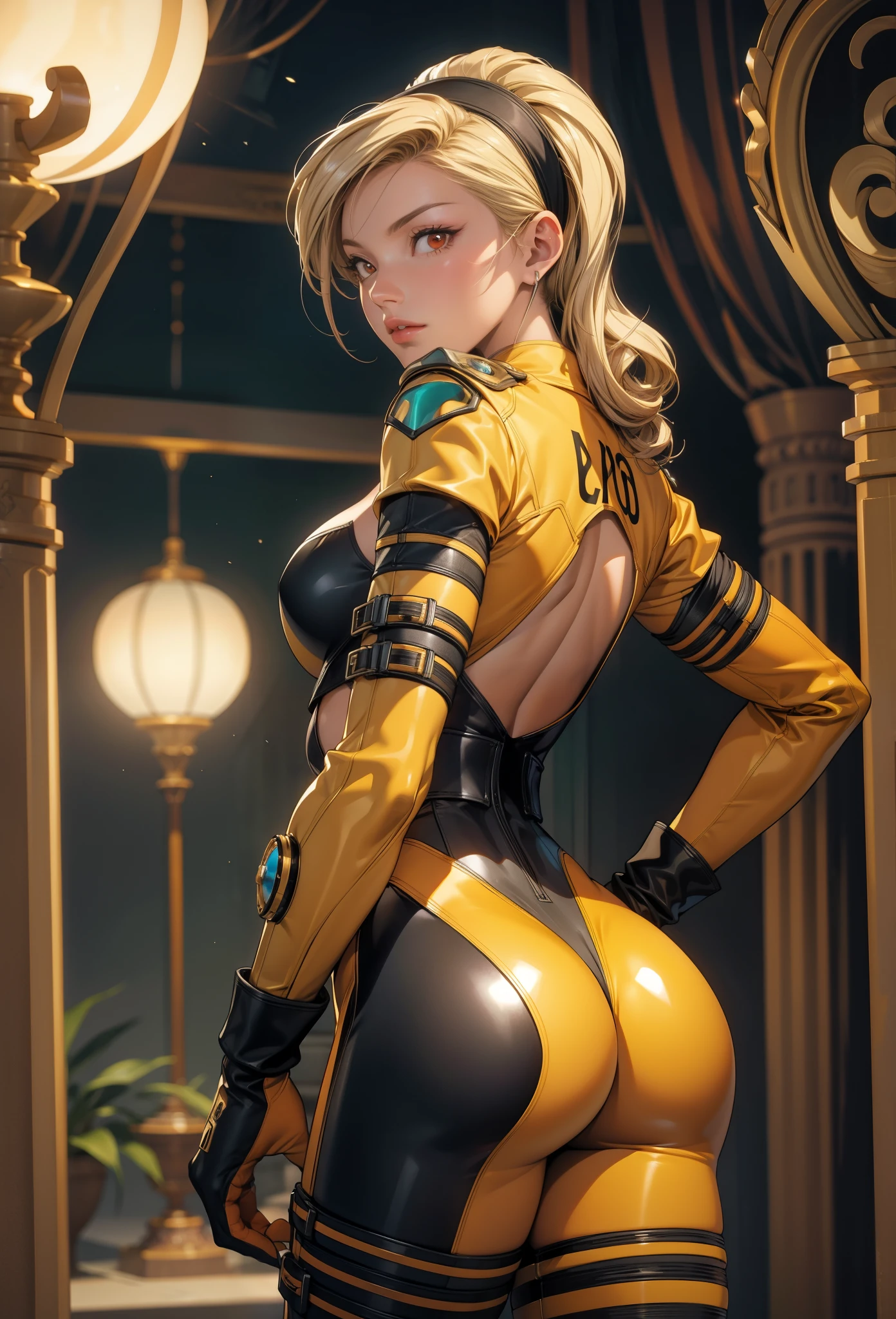 perfect eyes:1.2, detailed eyes:1.4, lienneville, serious, from behind, ass, looking back, mansion, blonde hair, hairband, red eyes, bodysuit, large breasts, cleavage, gloves, cowboy shot, 1girl, solo, (masterpiece:1.6, best quality), 8k, insane details, intricate details, hyperdetailed, hyper quality, high detail, ultra detailed, professional, HDR, ray tracing reflection, cinematic lighting,