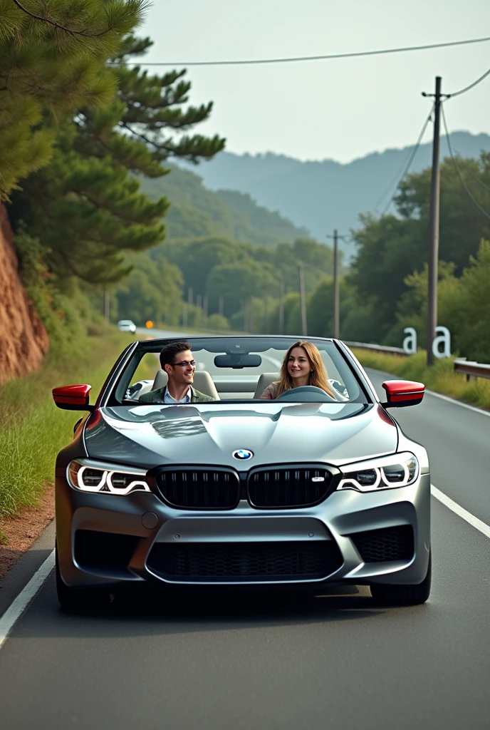 Couple 
 gery BMW M 5 red mirror  A letters background nature road 

