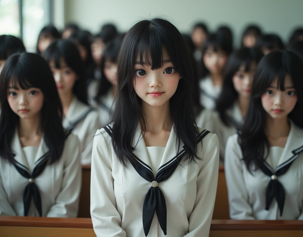 (Japanese Clone-girls=Myself), (Super Best masterpiece Clone-girls Raw Photography Art), (16K, Highest quality, Ultra-high resolution, RAW Photos), (It&#39;s so unrealistic., With unparalleled depiction, With an unfathomable sight, An unprecedented and shocking worldview, Clone-girls: In a world of mass reproduction, Ultra-realistic depiction), (Japanese girls, shinozaki-ai, 16yo), (Small face, Black Hair, Medium Hair, Dark Eyes, Mature face, Cute Smile), (Laughing expression), (Very beautiful and detailed girl, Accurate body structure, Accurate body movements, Very detailed body), (Super big breasts, Large bulge of ample breasts), (High School Girl School Uniform, Emphasise the fullness of your breasts), (Very detailed, Myself cloning, Depiction of splitting oneself, 1Myself girl→1,000,000,000,000,000,000,000,000,000,000Myself cloning girls), (Myself clone girlsは, With the same perfect appearance, to multiply in large numbers), (Very detailed depiction, Myself&#39;s multiplying female body, In the same female body,With the same face, With the same hairstyle, In the same clothes, At the same height, 同じSuper big breastsで, A completely indistinguishable female body, 1,000,000,000,000,000,000,000,000,000,000 people), (Myself girls only), (1,000,000,000,000,000,000,000,000,000,000Myself girls), lecture hall, Lecture, Chat with Myself, Enjoyable lessons, sit, Ultra-wide field of view, Focus on the average value of the image, Bright and easy on the eyes lighting.