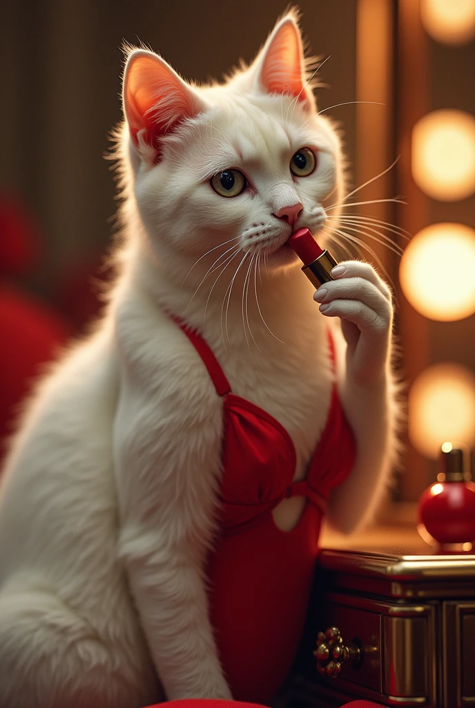 Beautiful White Cat Applying Lipstick: wearing a red  bra and panty

Description: A young, beautiful white cat in a hot, glamorous one-piece dress. She is applying bright red lipstick with a graceful hand, her elegant high heels visible. The background features a luxurious vanity mirror with soft, ambient lighting highlighting her flawless makeup, including perfectly applied eyeliner.