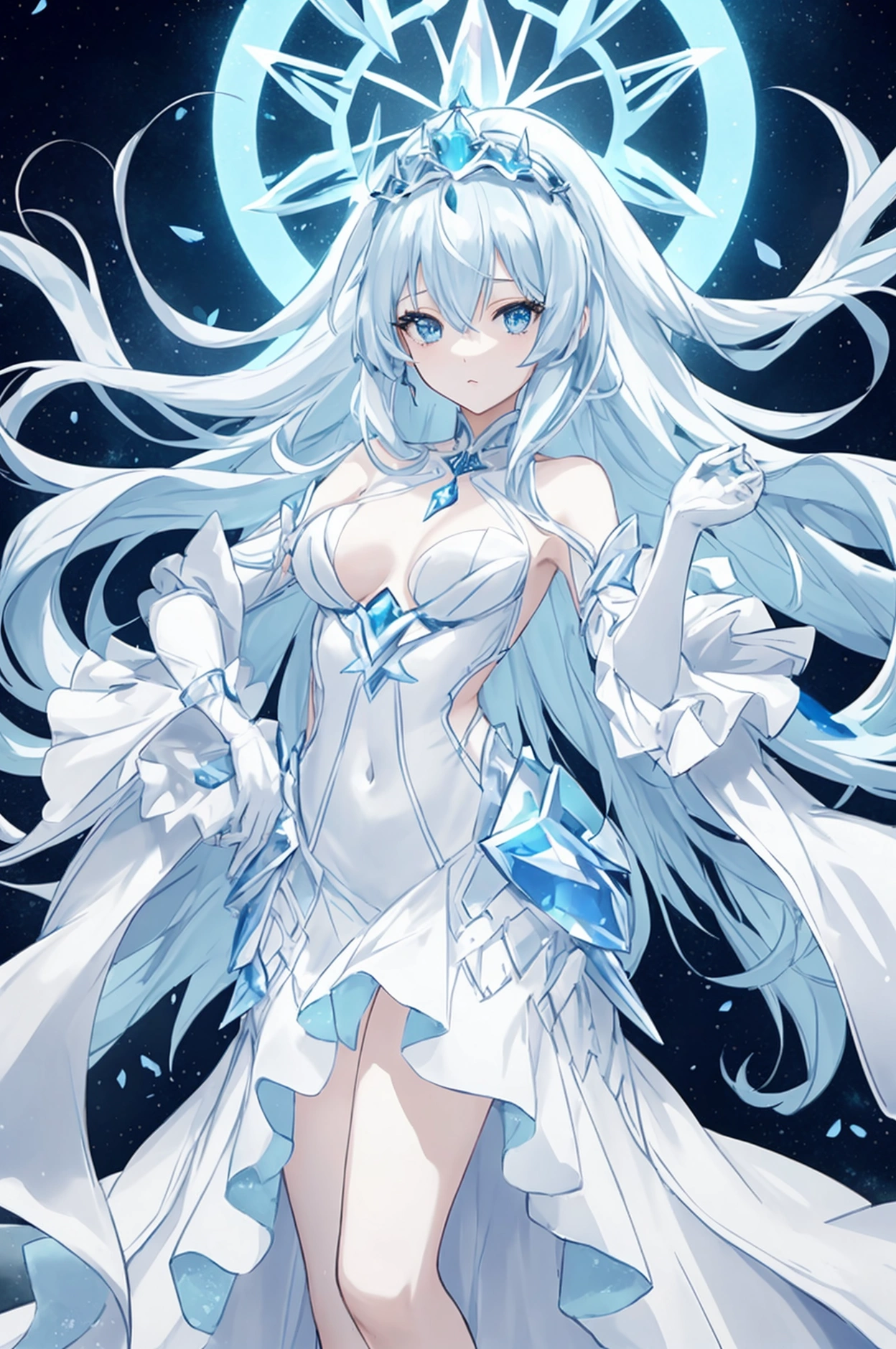 An beautiful, gorgeous, cute anime ice queen, pale skin tone, wearing a blue dress that covers her entire back but only covers till knees from the front, stiing on her throne, light blue hair, long hair till her hips, small breast, perfect figure, pretty, looking at user, kind
The dress covering her whole upper body till nneck, upper body should not be shown,anime style, spreading her legs,hands fixing hair, light blue thin gloves on forearm, wearing an large ice crown