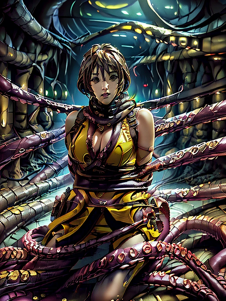 takamori haruka、最high quality、high quality,, (((全身にEntangledTentacles:1.5, Tentacles, Entangled:1.4, Tentaclesが全身に:1.2))), ((Masseter muscle area)), ((High resolution)), ((最high quality)), ((Ultra-realistic texture)), detailed, ((Glowing Skin)), (Shiny Yellow Bondage, Ripped black hot pants, Black muffler), Big Tits:1.5, Voluptuous bust, exposed navel, Bowl-shaped big breasts, (View from the front, Looking at the audience:1.5)、((background:Inside the futuristic facility:1.4))