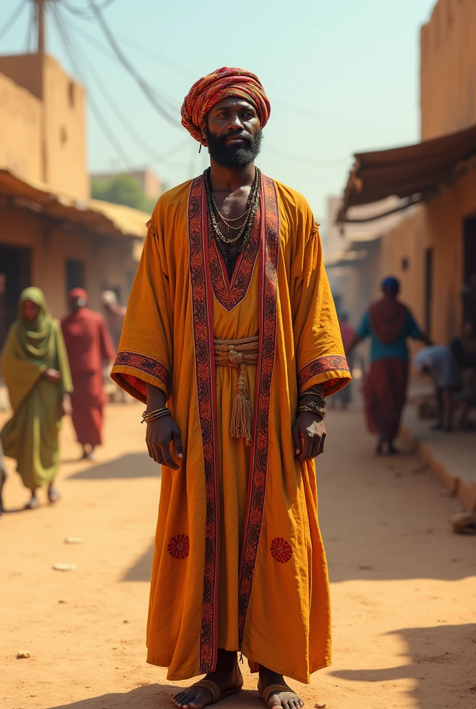 Imagine a Somali man dressed in traditional attire, such as a "khamis