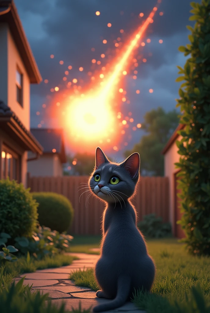 Meteor Crash Landing:
Prompt: "A sleek, gray tabby cat named Whiskers stands in a suburban backyard as a glowing, otherworldly meteor crashes into the ground nearby. The scene is depicted in high-resolution, Disney Pixar style with vibrant colors and detailed meteor effects."