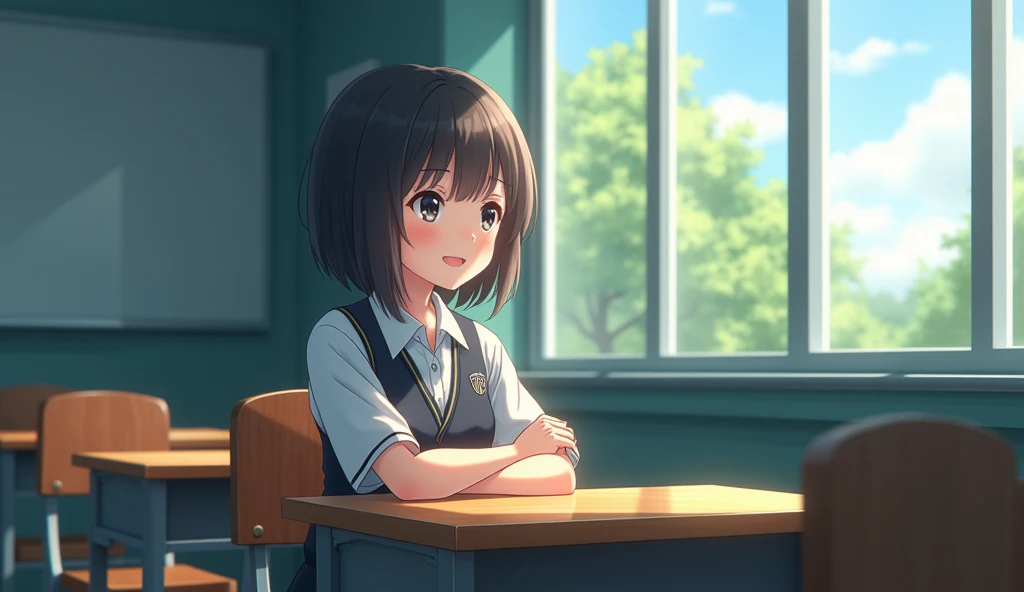 Girl in high school classroom,Last row by the window,Looking out the window,Wearing uniform,Smiling happy expression,Shinkai Makoto style,Anime Style
