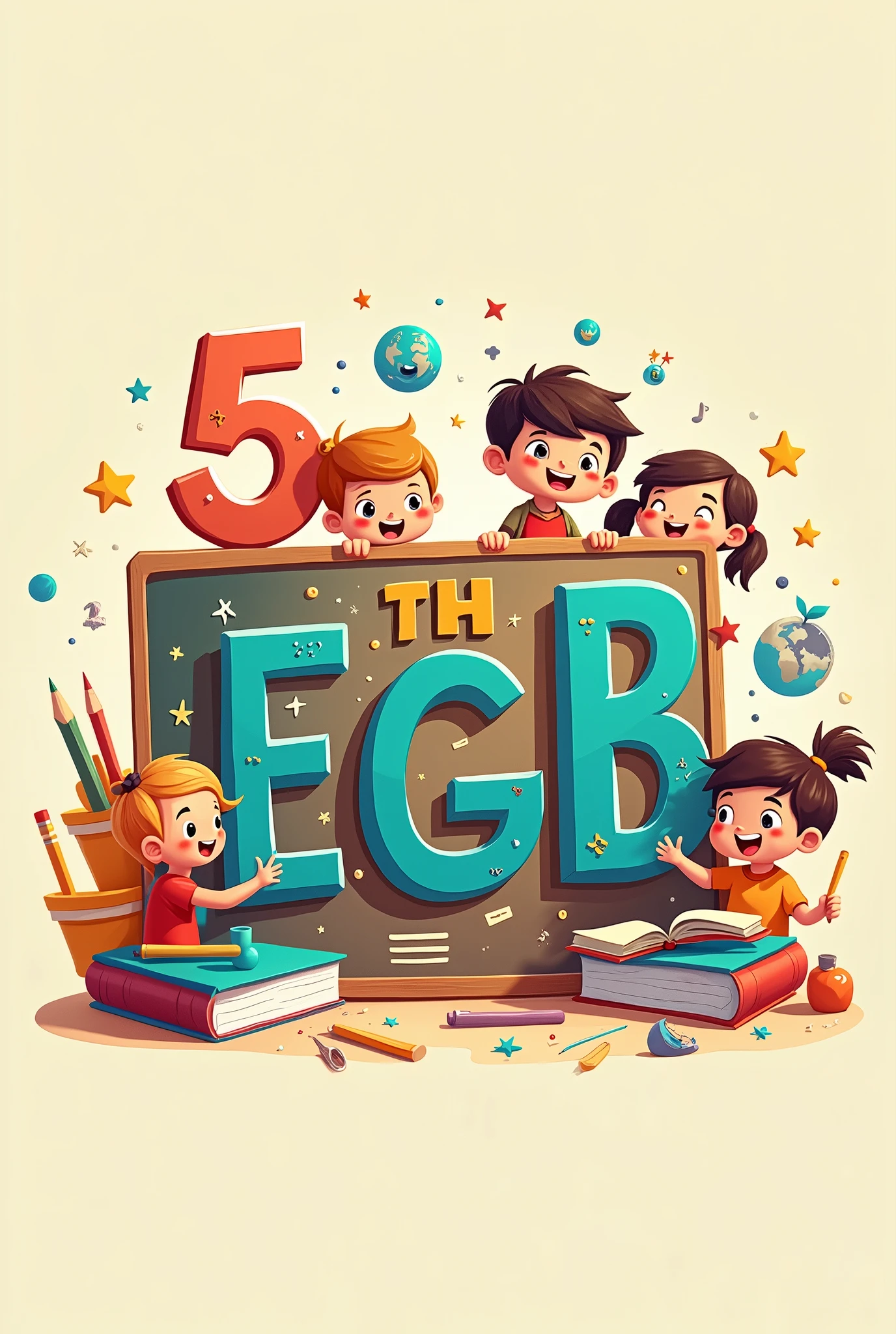 animated image for children about education for a logo , add the expression "5th EGB" place the word " Lic. Christian Diaz"